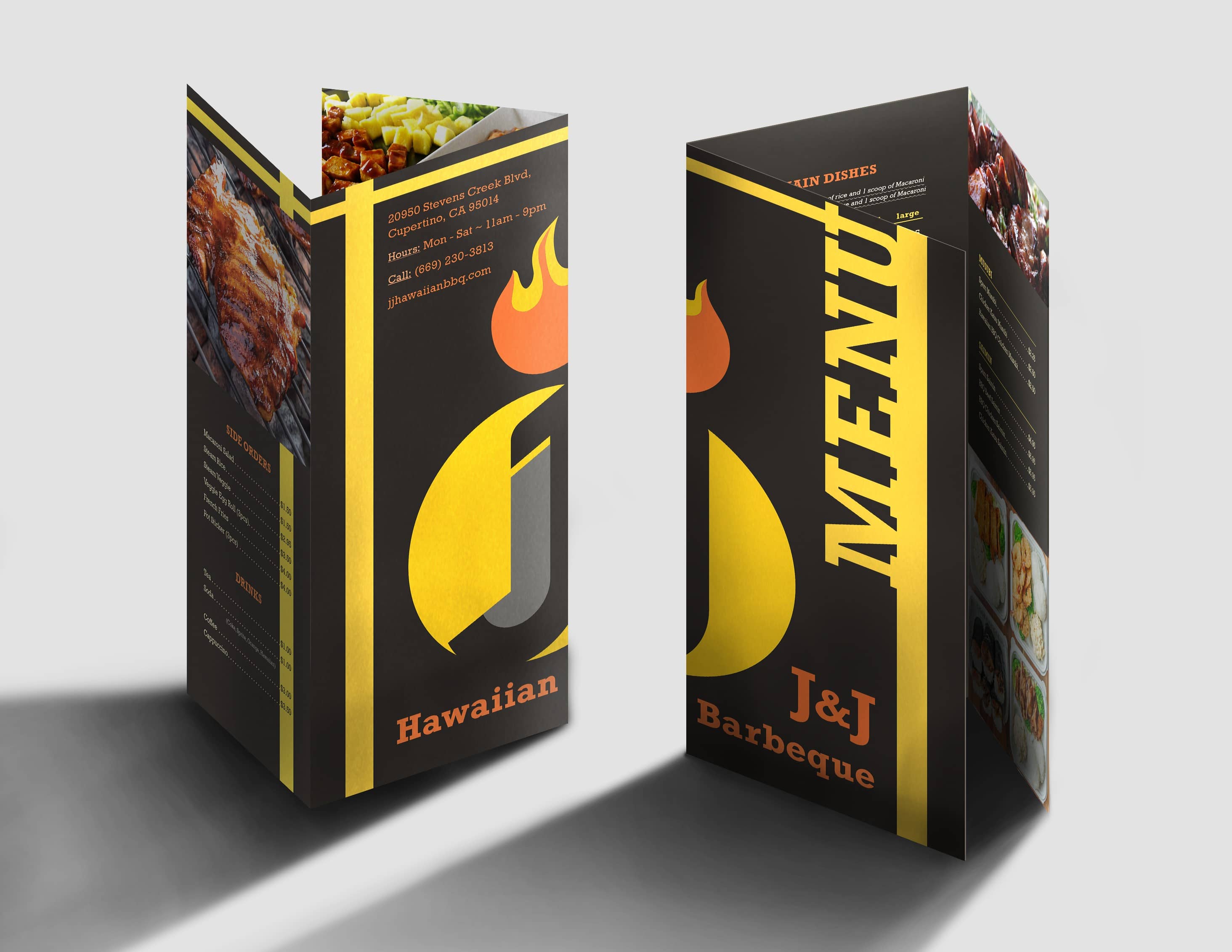 Trifold menus of a Hawaiian barbeque restaurant called J&J