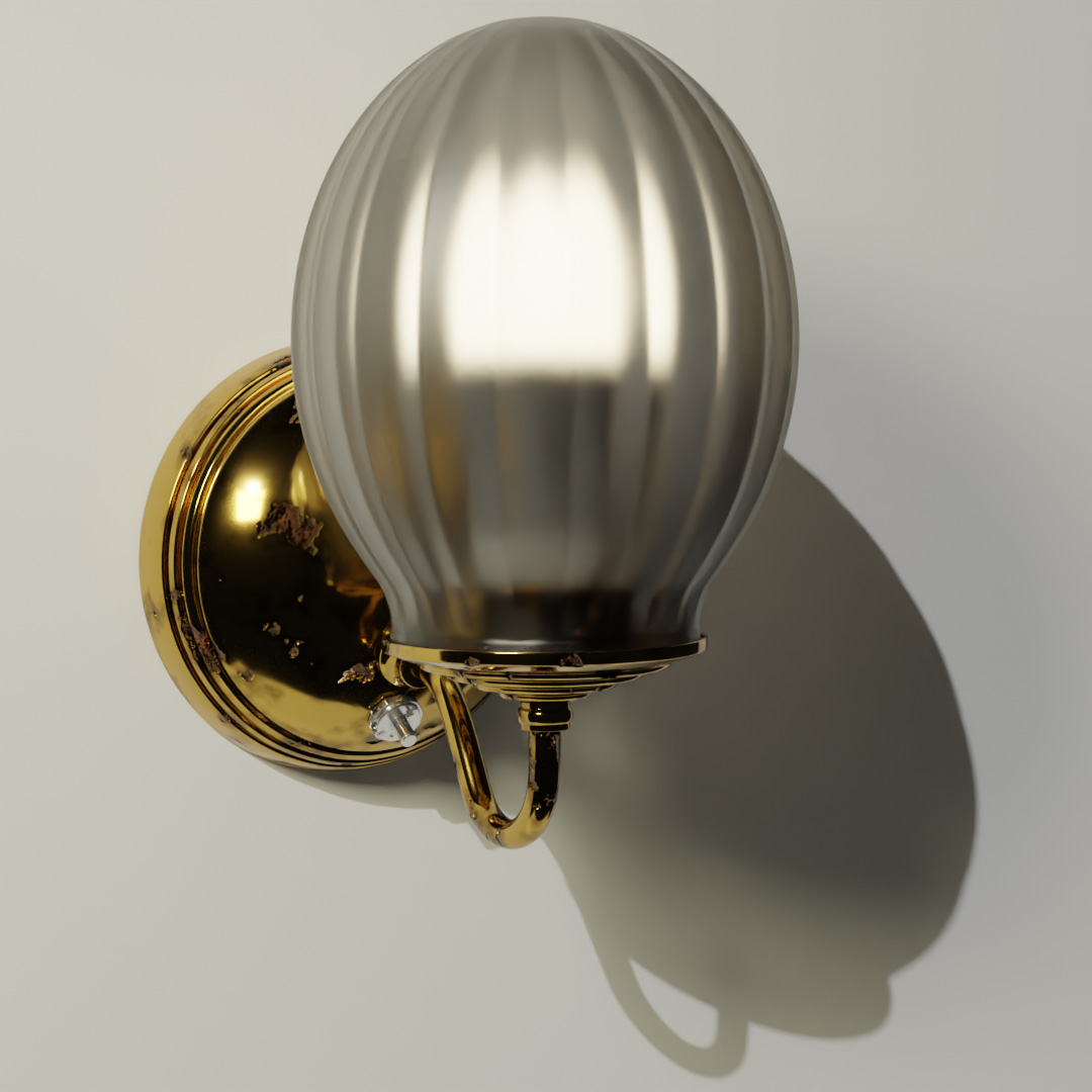 A wall lamp with a gold-like rusted body